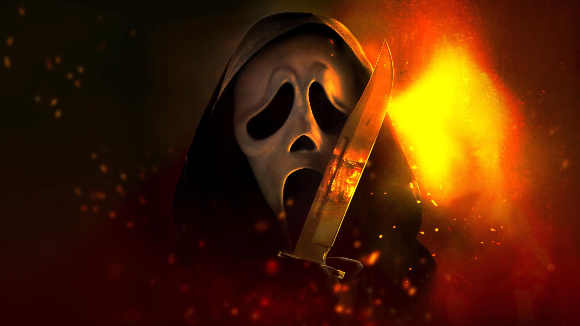 Scream 7 4K Ultra HD PC desktop wallpaper: Ghostface in a hood clutching a knife, silhouetted against flames and glowing embers.