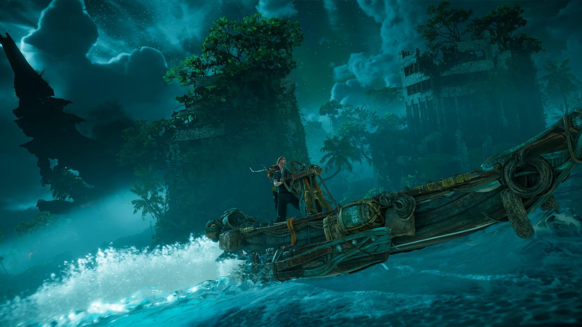 Horizon Forbidden West 4K PC wallpaper: Aloy stands on a makeshift boat cutting through turquoise seas beneath towering, bioluminescent jungle spires — cinematic video game adventure scene.