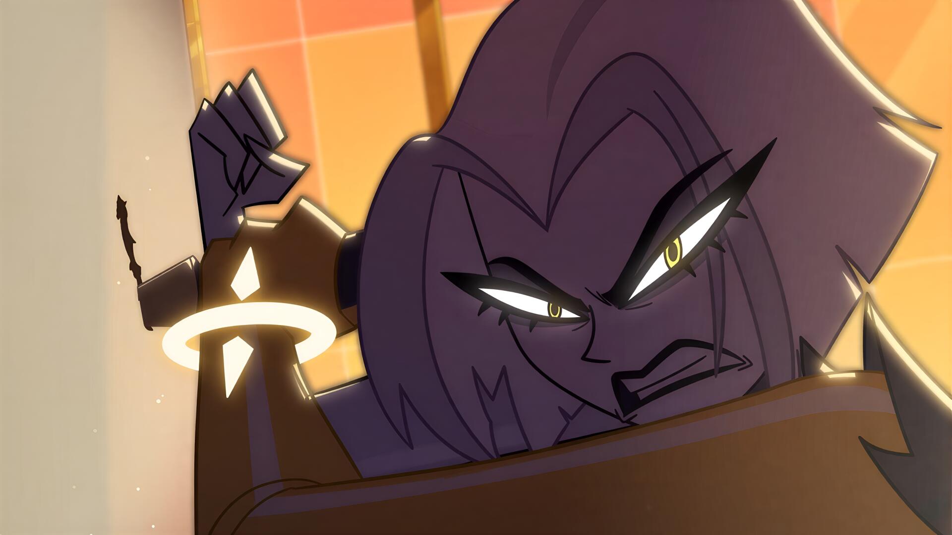 Close-up of Lute from the TV show Hazbin Hotel, snarling and raising a sword in dramatic golden backlight — 4K Ultra HD PC desktop wallpaper/background.