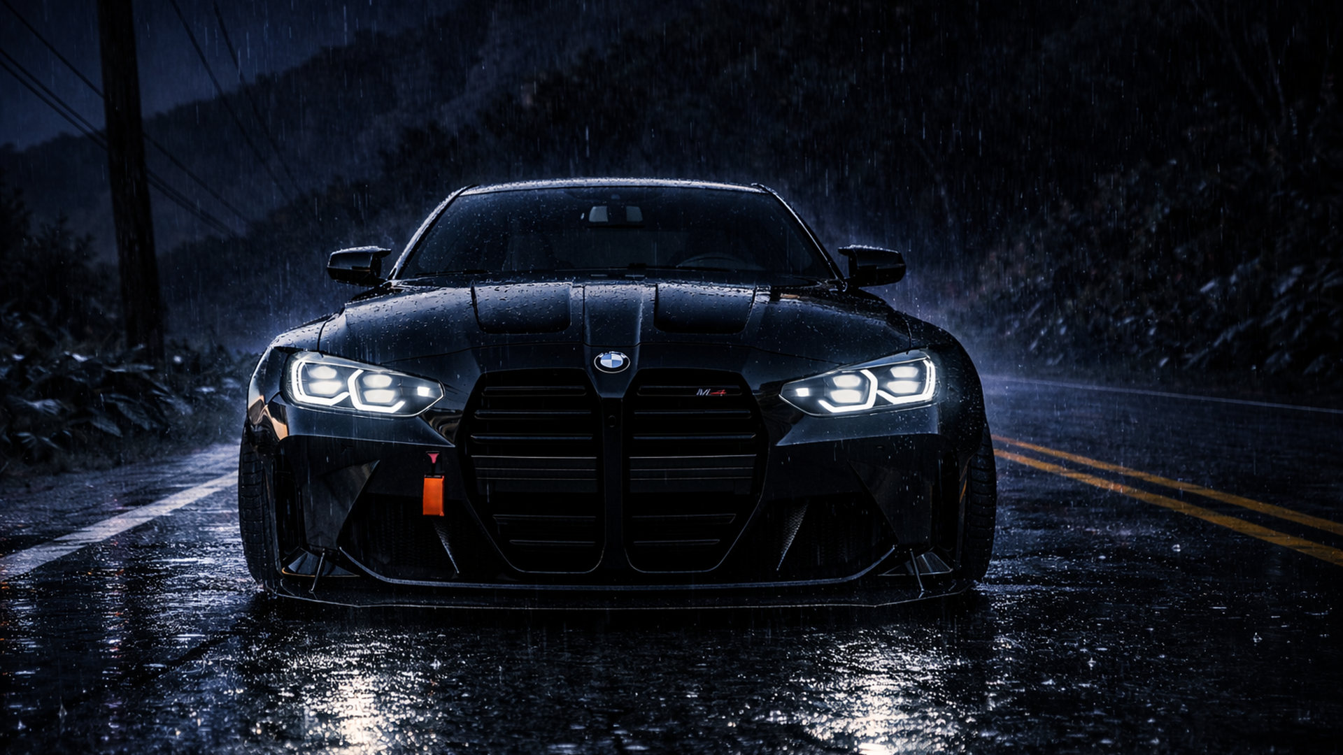 Front view of a black BMW M4 Competition Coupé with BMW Eyes headlights on a rain-slick road at night — The Crew Motorfest 4K Ultra HD PC wallpaper.