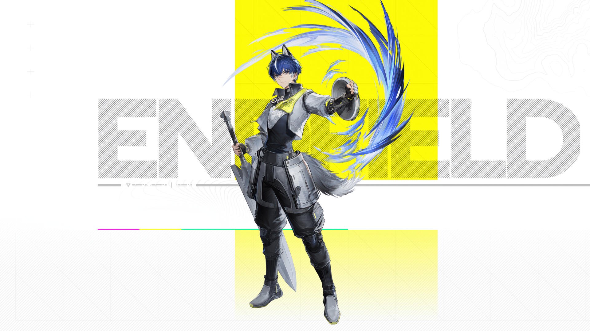 Arknights: Endfield 2K Quad HD PC wallpaper — armored character in a futuristic suit wields a blade as a blue energy arc swirls behind them over a yellow-and-white backdrop with ENDFIELD text.