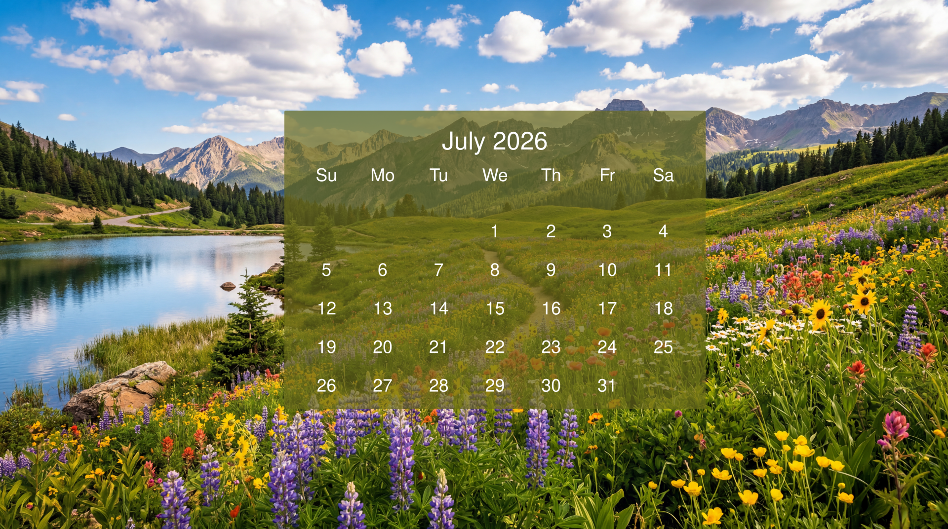 July 2026 calendar overlaid on 5K Ultra HD PC desktop wallpaper: alpine lake and wildflower meadow with mountains under a blue sky.
