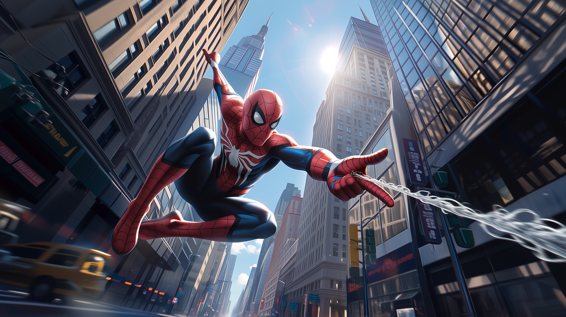 Spider-Man from the movie Spider-Man: Brand New Day swings through a sunlit city skyline; dynamic 2K Quad HD PC desktop wallpaper/background.