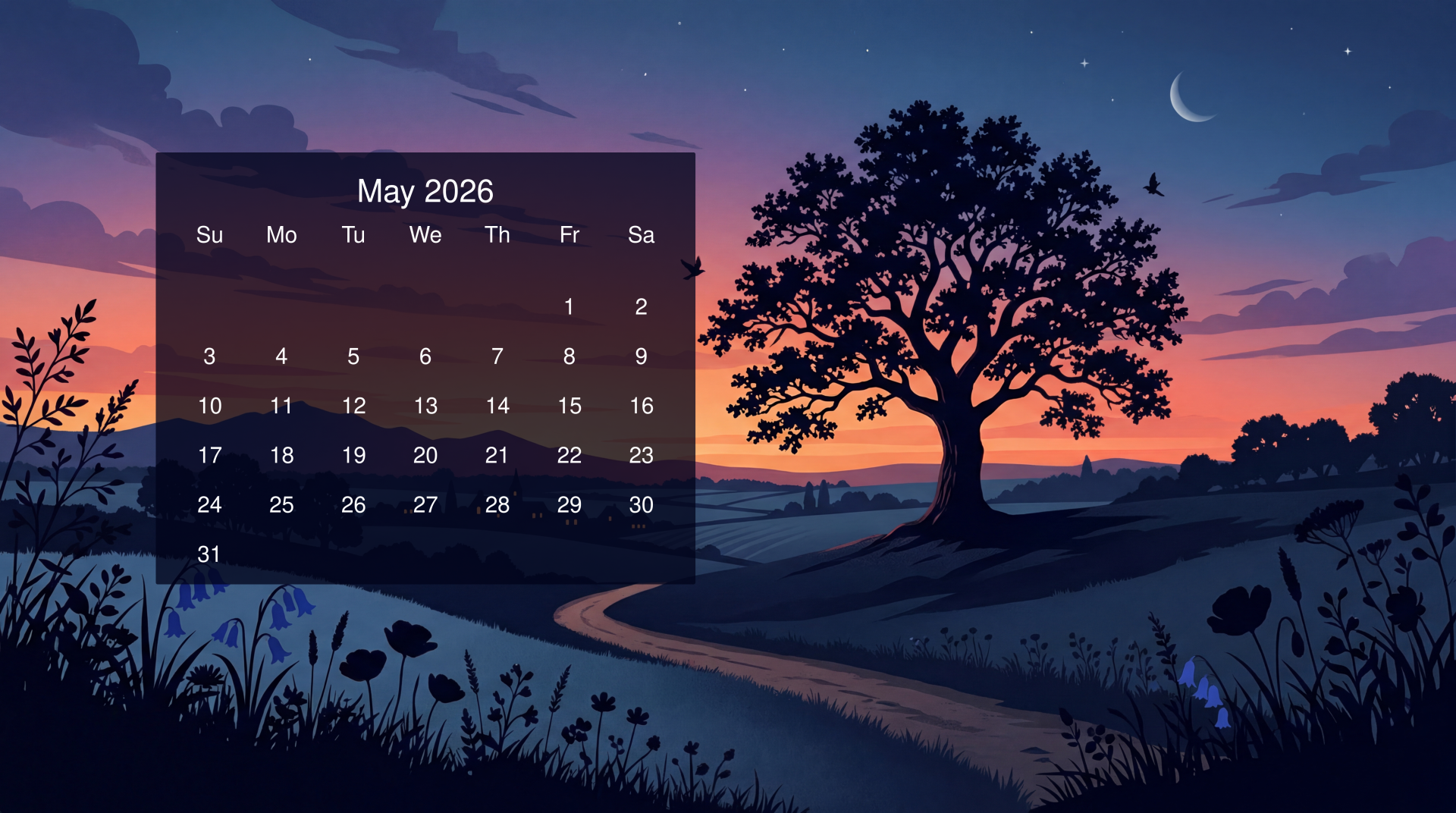 May 2026 calendar overlaid on 5K Ultra HD PC desktop wallpaper and background: dusk landscape with winding stream, silhouette tree, wildflowers and crescent moon against purple-orange sky.