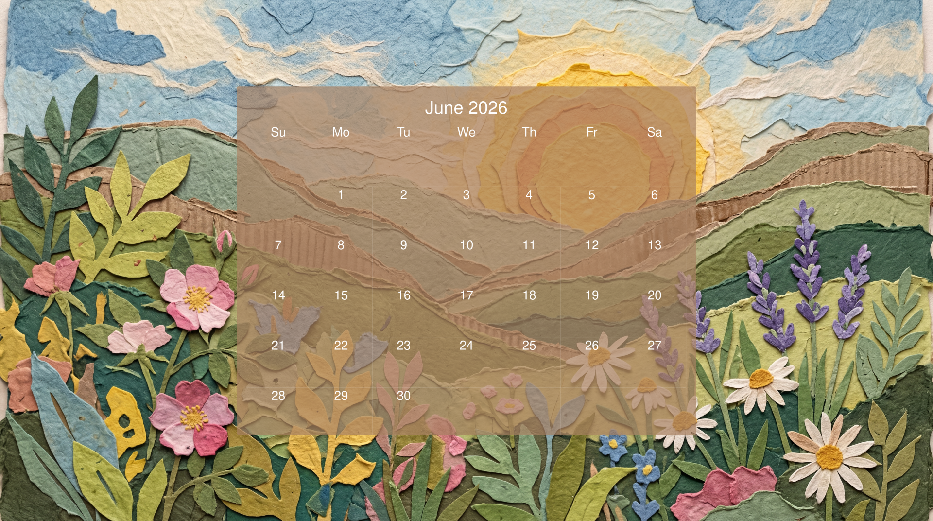June 2026 calendar overlaid on a 5K Ultra HD PC desktop wallpaper and background: textured paper-cut wildflower meadow with rolling hills and a warm sunrise.