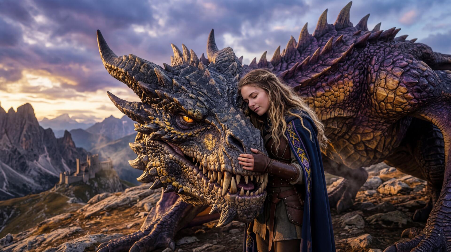 Dragon fantasy 5K Ultra HD PC desktop wallpaper — a young woman gently rests her head on a majestic dragon amid rocky mountains at sunset.