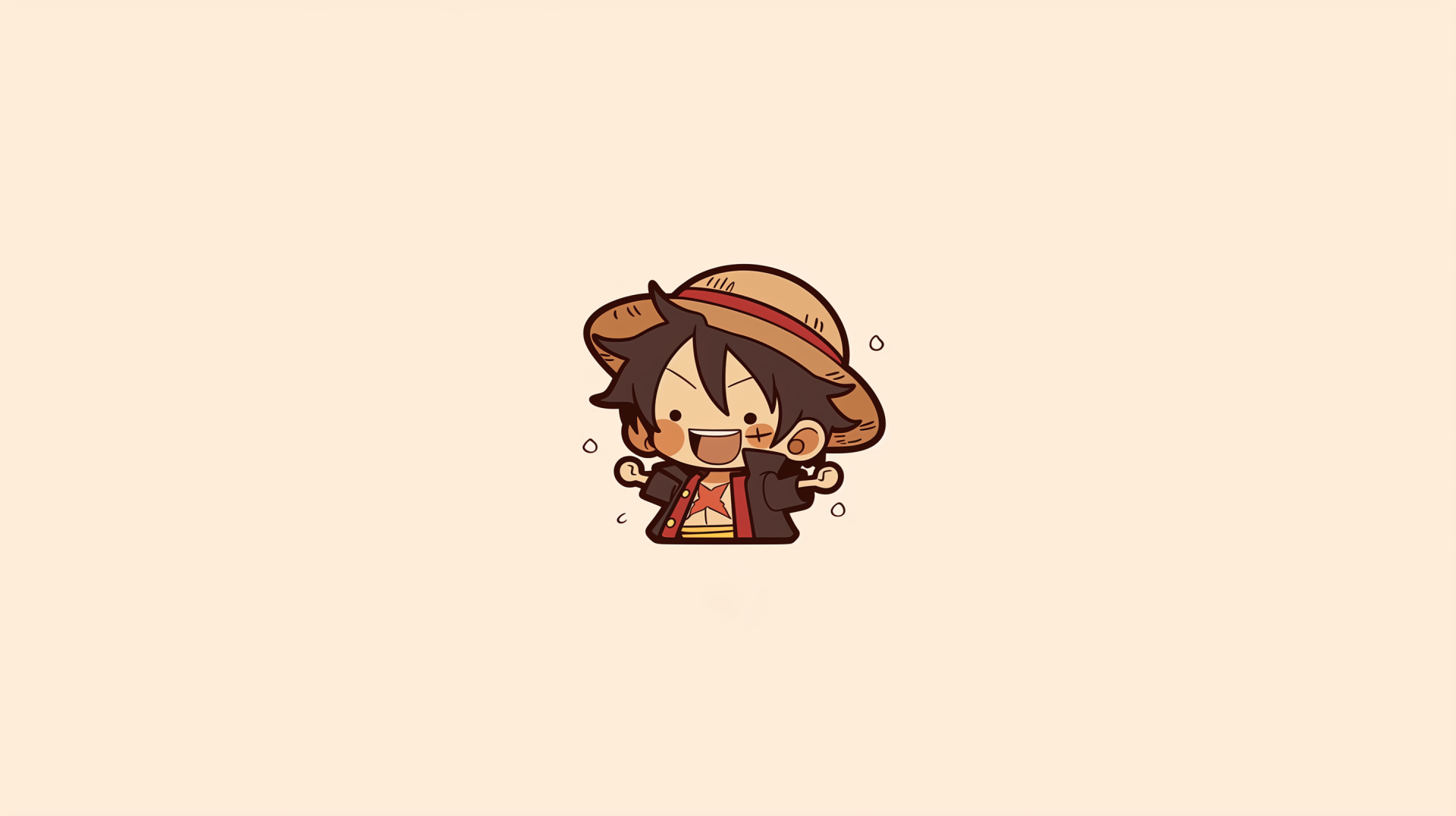 Chibi AI-generated anime of Monkey D. Luffy (One Piece): tiny straw-hat Luffy grinning on a cream 2K Quad HD PC desktop wallpaper background.