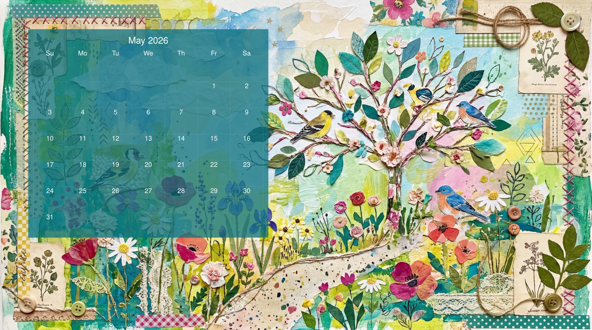 May 2026 calendar 5K Ultra HD PC desktop wallpaper: colorful collage of flowering meadow, bird-filled tree, stitched patchwork patterns and a turquoise calendar overlay.