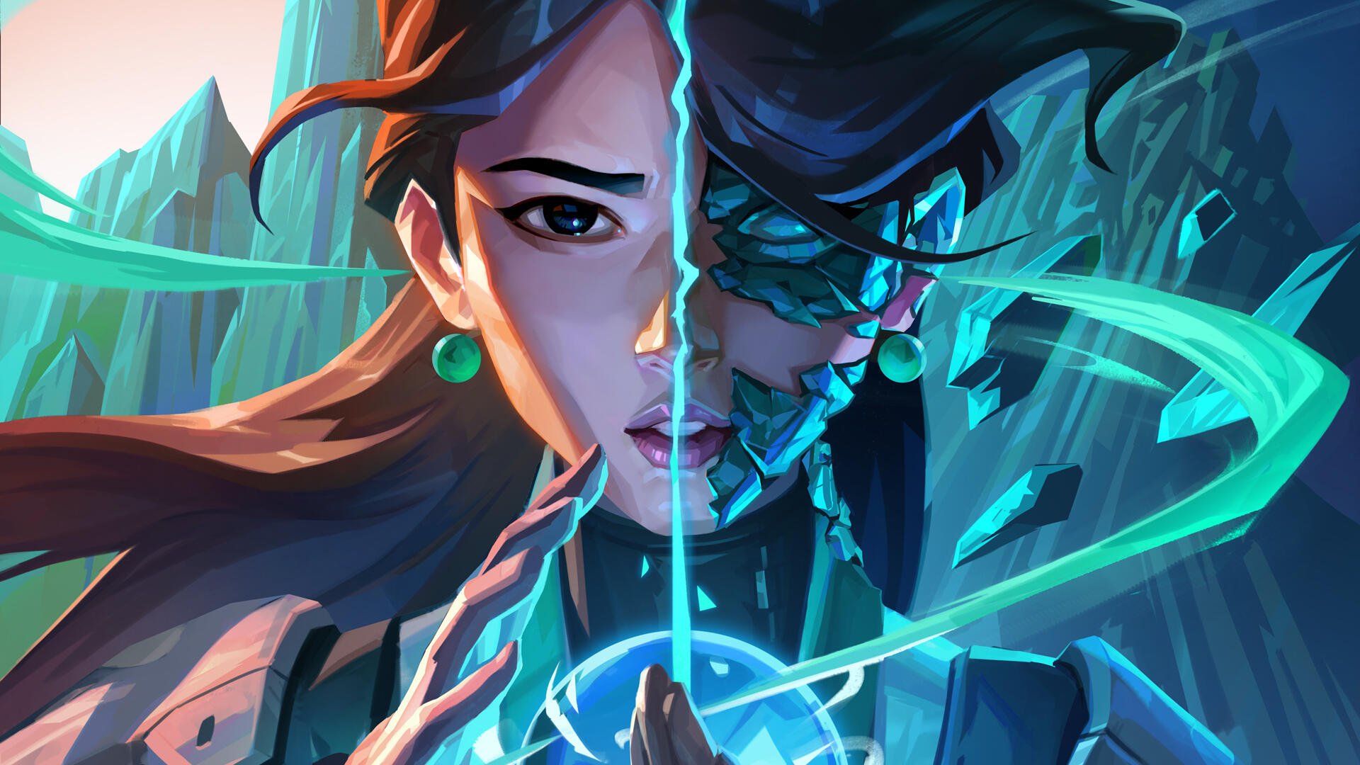 HD PC wallpaper of Valorant's Sage: split portrait of serene healer and spectral armored form, cradling a glowing teal orb against an icy blue background.