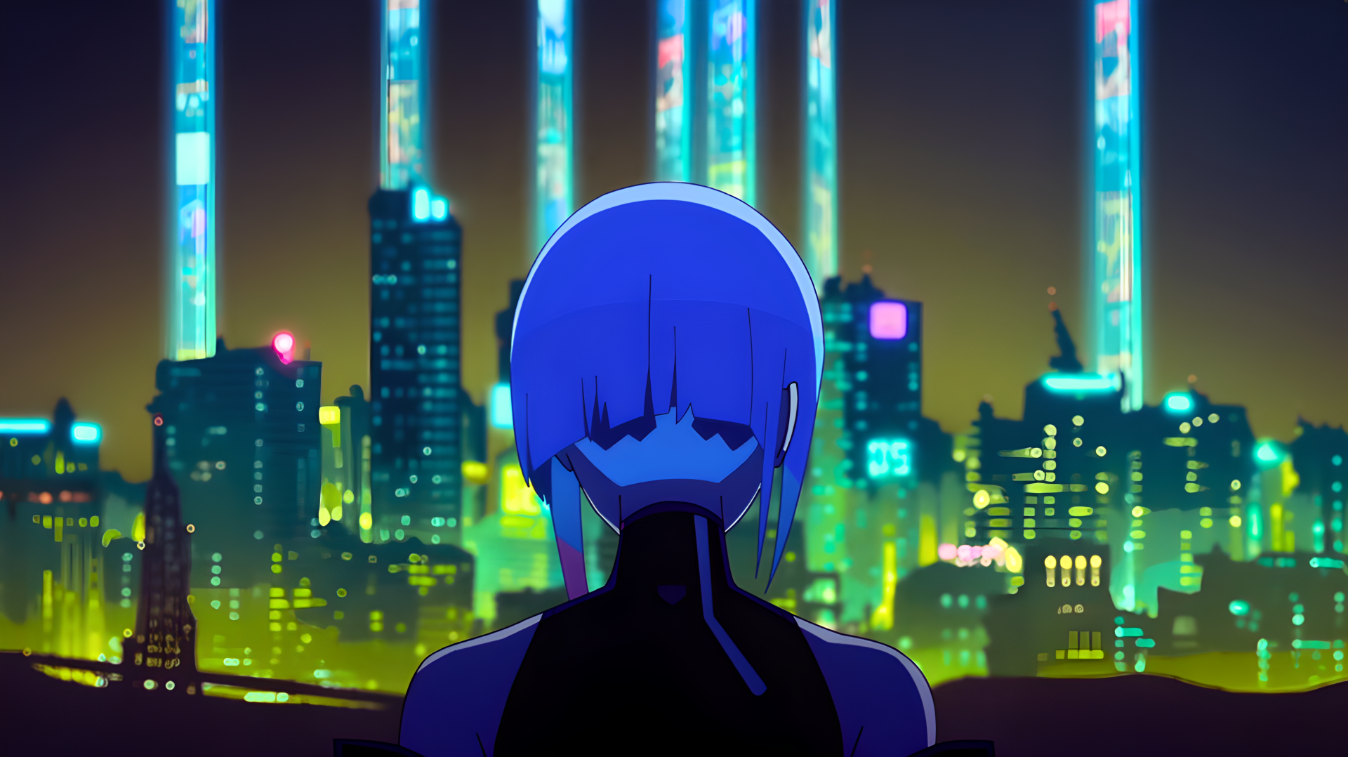 4K Ultra HD PC wallpaper: Lucy (Cyberpunk: Edgerunners), an anime girl silhouetted against Night City's neon skyline.