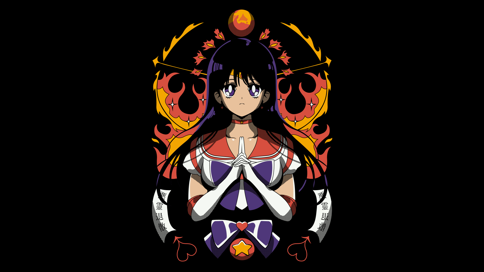 Manga-style Sailor Mars from Sailor Moon standing with hands clasped, fiery motifs and dark backdrop — 4K Ultra HD PC desktop wallpaper.