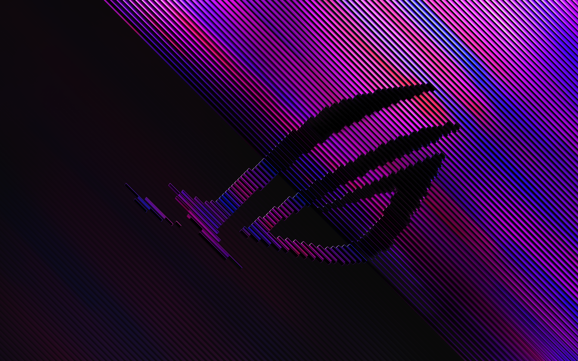 Asus, Asus ROG 2K Quad HD PC desktop wallpaper: glitch-style black ROG eye logo over diagonal purple and magenta scanline stripes on a dark background