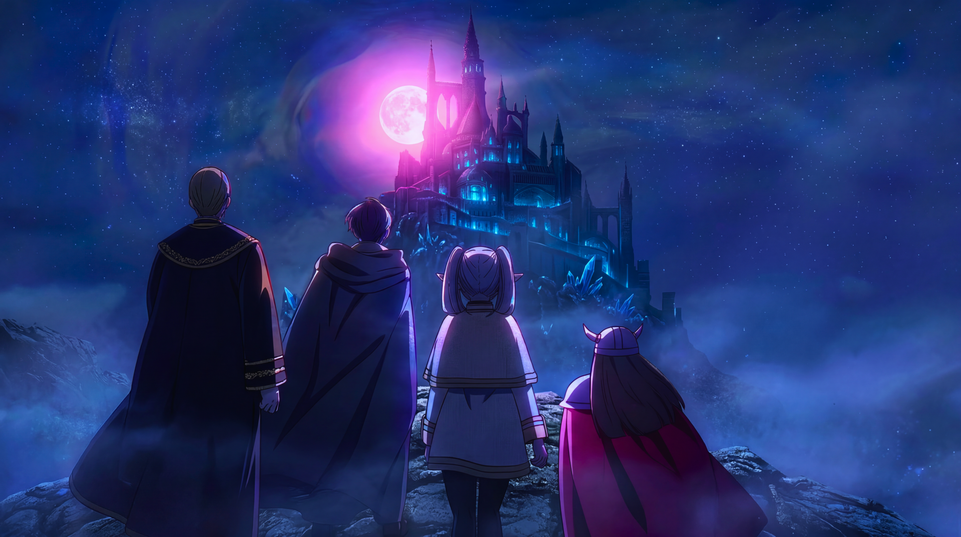 Frieren: Beyond Journey's End — Himmel and companions gaze at a spooky, glowing fantasy castle at night; anime 5K Ultra HD PC desktop wallpaper and background.