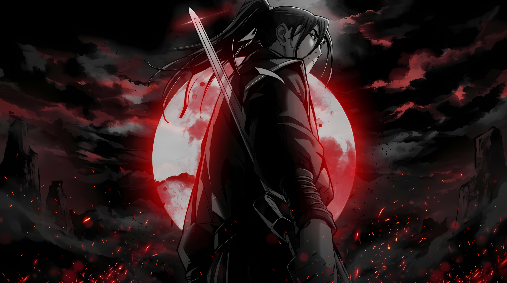 Manhwa-style Death God in AI art: cloaked swordsman silhouetted against a blood-red full moon, ash and embers swirling — 4K Ultra HD PC desktop wallpaper/background.