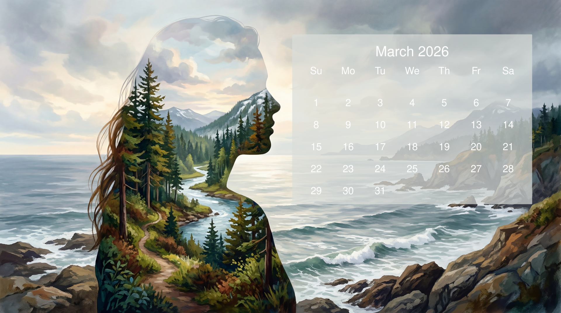 March 2026 calendar on a 5K Ultra HD PC desktop wallpaper/background: double-exposure silhouette filled with forest, river and mountains set against a rocky ocean shoreline.