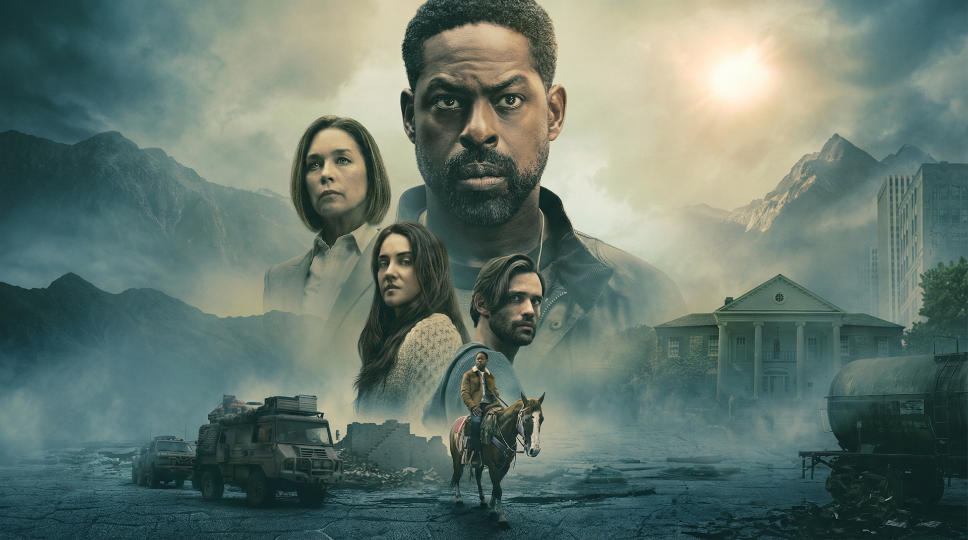 TV Show Paradise (2025) 2K Quad HD wallpaper: four faces loom over a misty ruined town as a horseman approaches a derelict mansion, an armored vehicle nearby under moody dusk light.