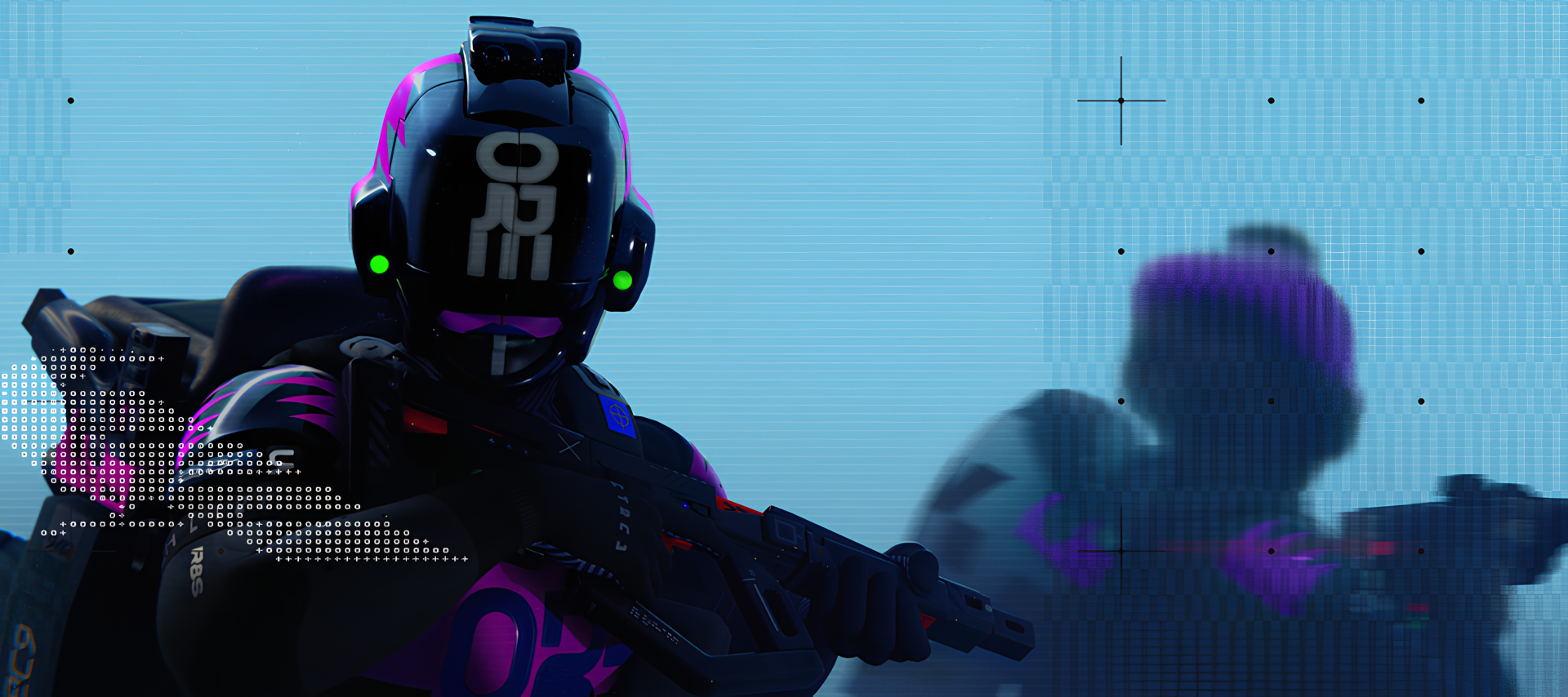 Marathon (Video Game) 4K Ultra HD PC desktop wallpaper: neon-lit soldier in futuristic helmet aims a sci-fi gun amid glitchy blue-pink haze, shadowy armored figure behind.