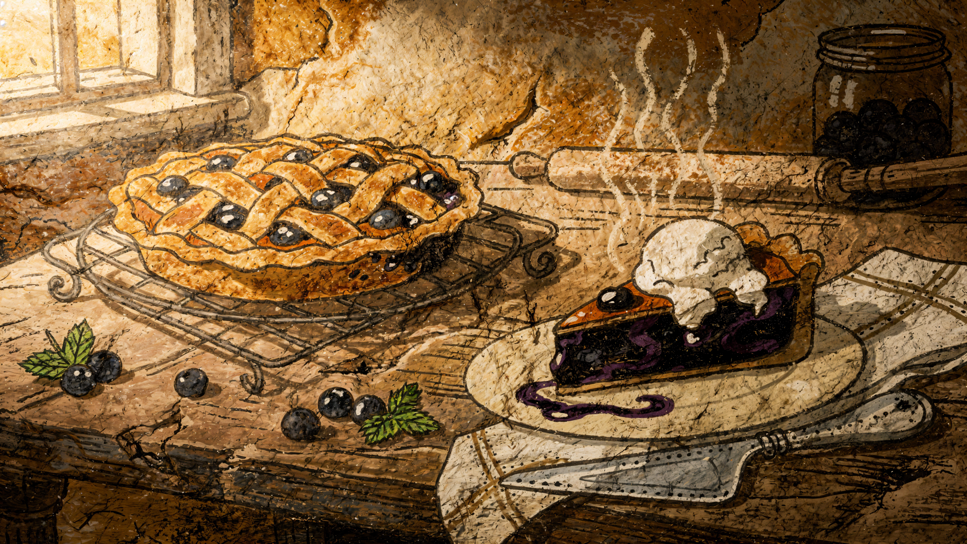 4K Ultra HD PC desktop wallpaper: rustic blueberry lattice pie on a wooden counter, a steaming slice topped with melting ice cream, scattered berries and warm window light.