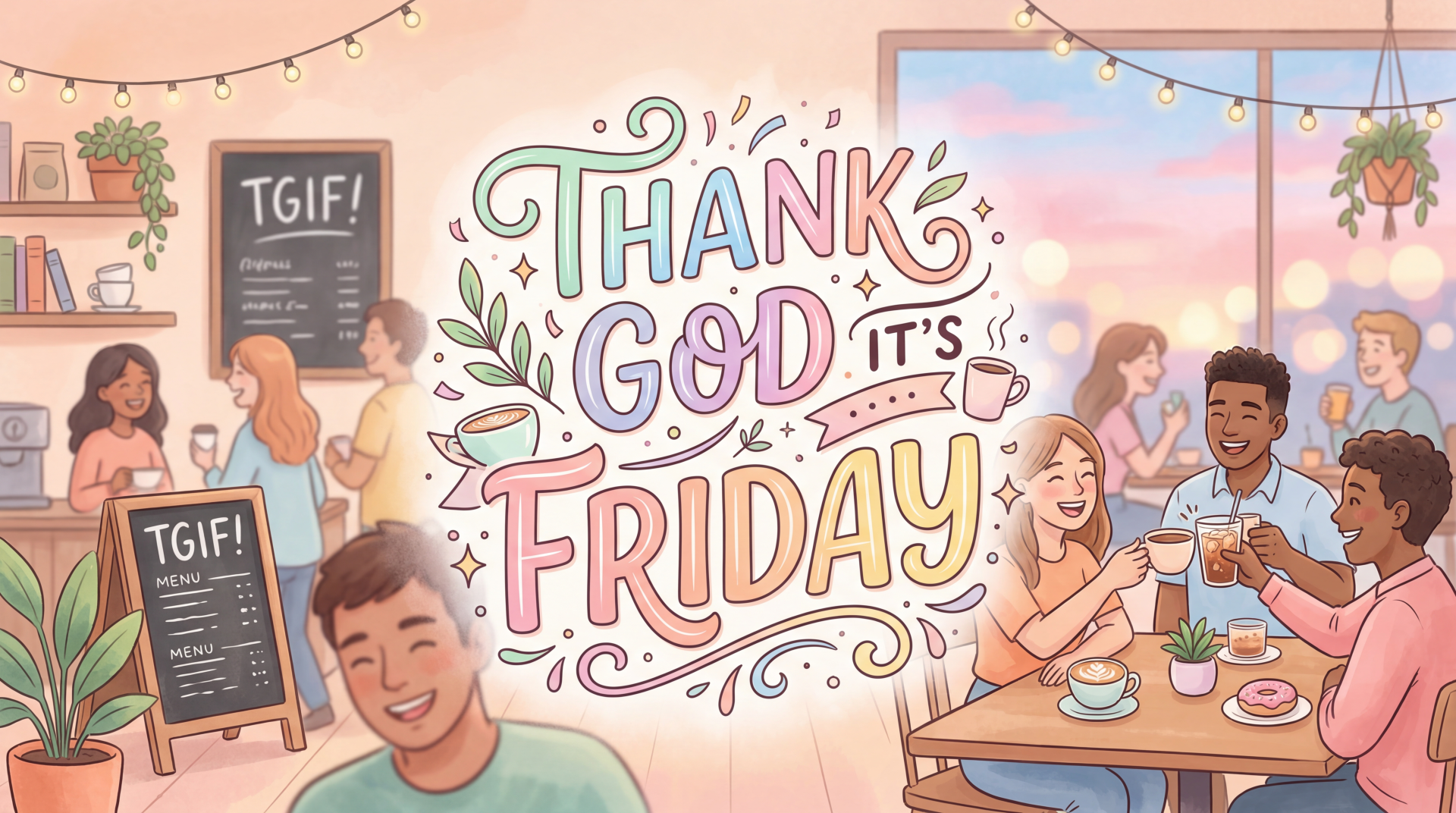 5K Ultra HD PC desktop wallpaper and background: colorful café scene of friends enjoying coffee by a large window, string lights, and bold hand-lettered Thank God It's Friday.