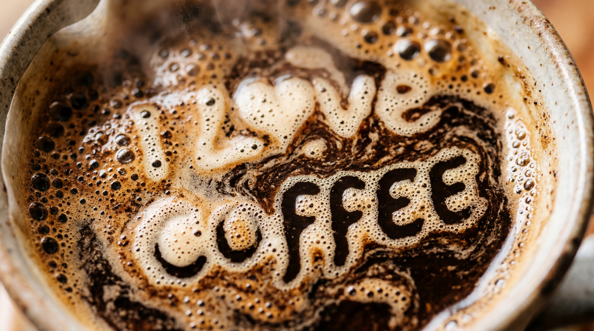 5K Ultra HD PC desktop wallpaper of a steaming coffee cup; crema spells I love coffee in foamy letters amid rich, swirling brown tones.