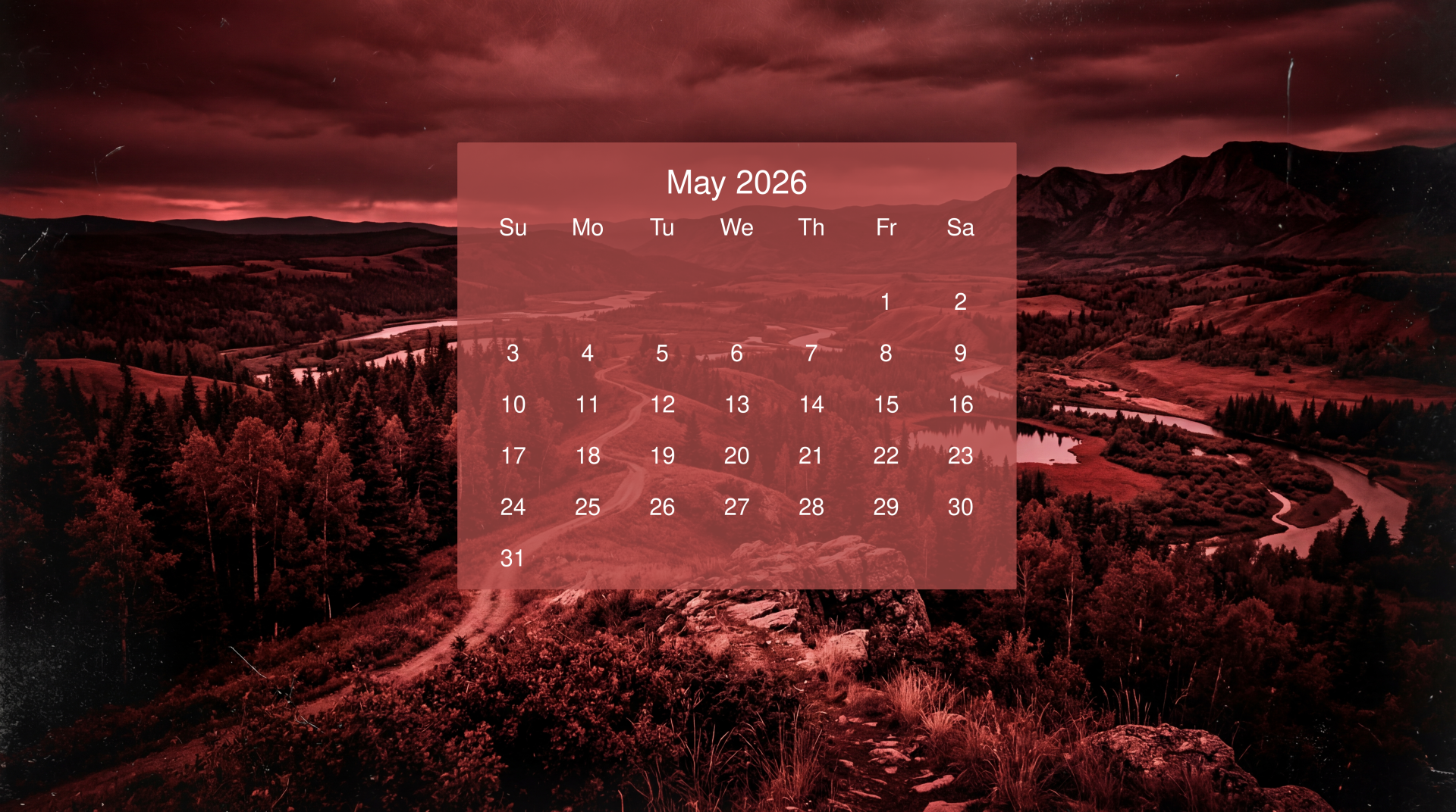 May 2026 calendar overlaying a red-tinted mountain and river landscape — 5K Ultra HD PC desktop wallpaper and background.