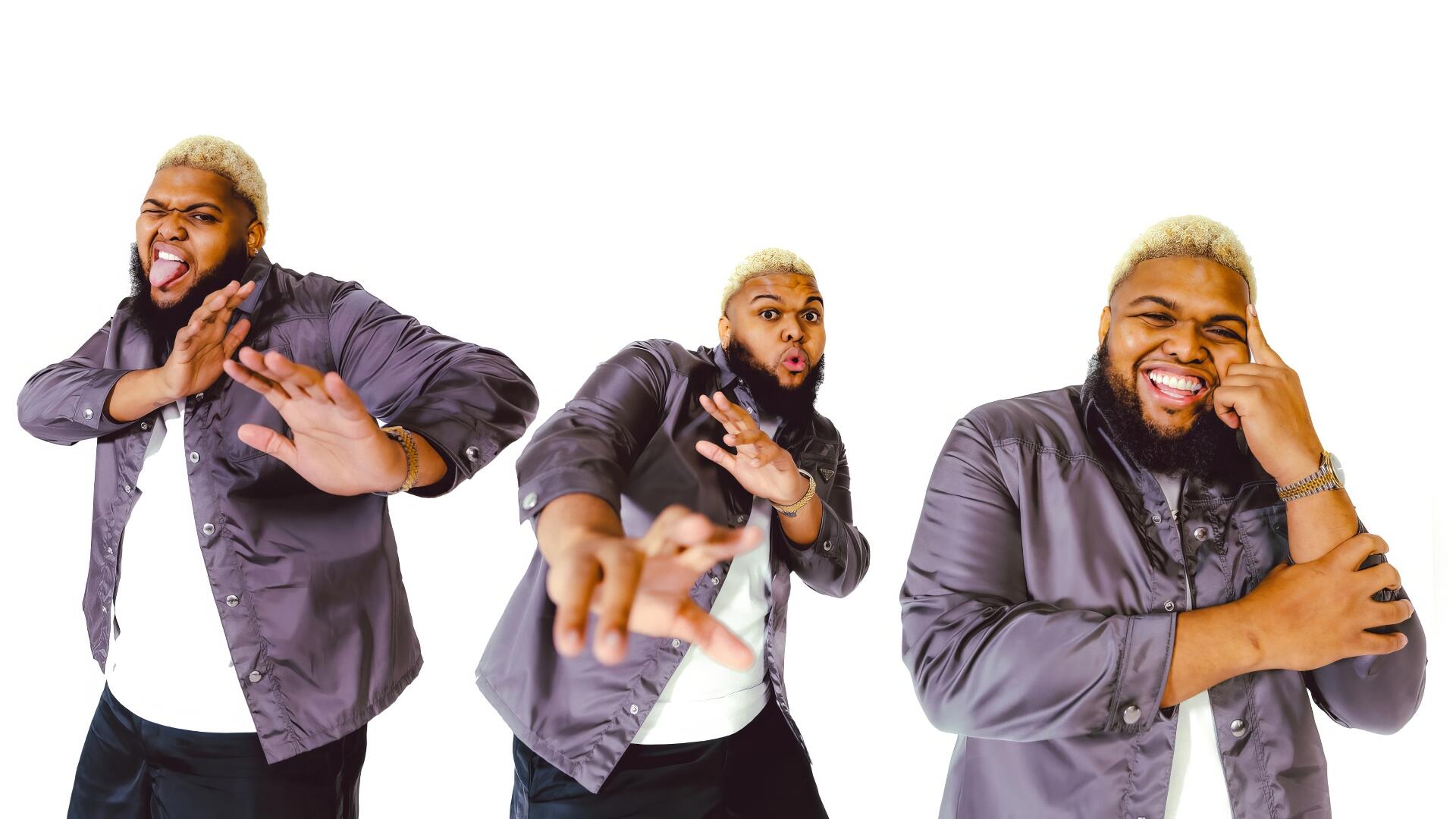 HD PC wallpaper: three playful poses of a blonde-haired content creator in a gray shirt smiling and gesturing against a white background.