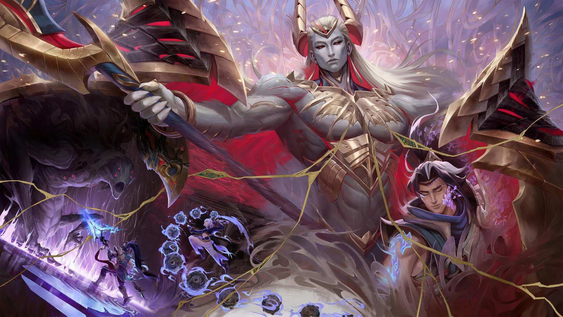 4K Ultra HD League of Legends PC desktop wallpaper: Yunara, Xin Zhao and Zaahen clash amid swirling runes, purple lightning and a dramatic celestial backdrop.