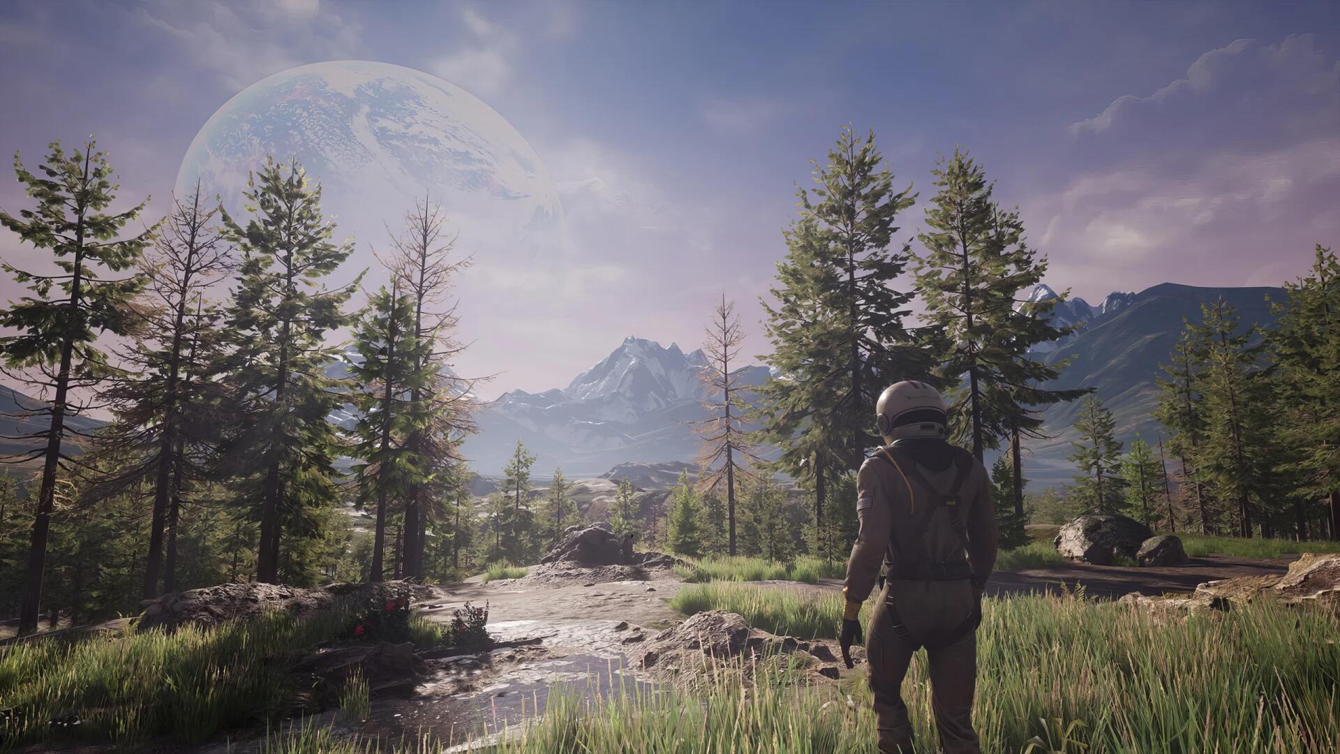 2K Quad HD PC desktop wallpaper from the video game ICARUS: a solitary suited survivor stands by a stream in a pine forest, with distant mountains and a huge moon on the horizon.