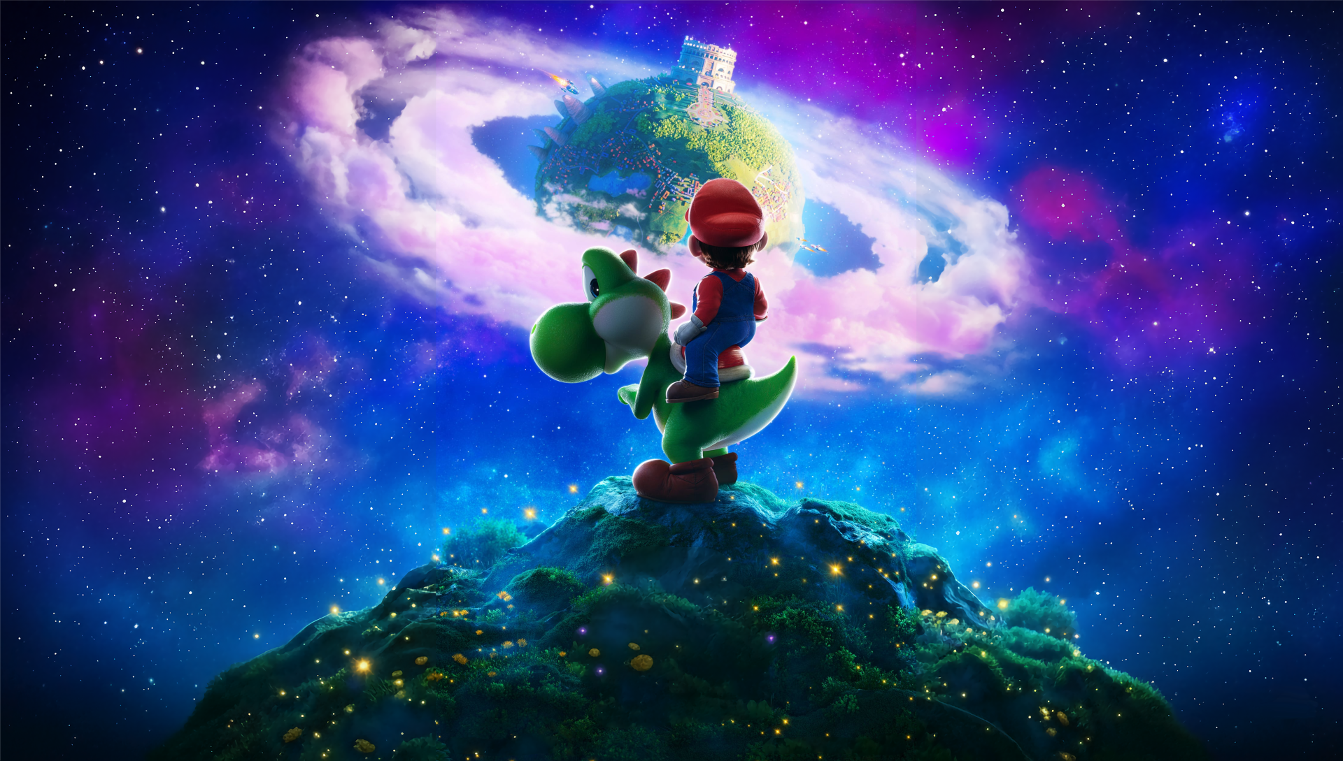 4K Ultra HD PC desktop wallpaper/background for The Super Mario Galaxy Movie showing Mario riding Yoshi atop a starry planet beneath a colorful galaxy and a tiny world in the sky.