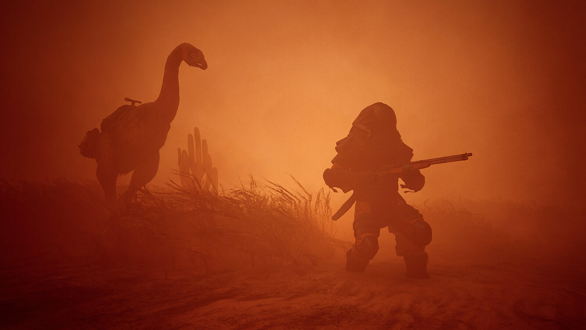 Silhouetted survivor with rifle confronts a towering dinosaur in orange dust — video game ICARUS HD PC desktop wallpaper/background.