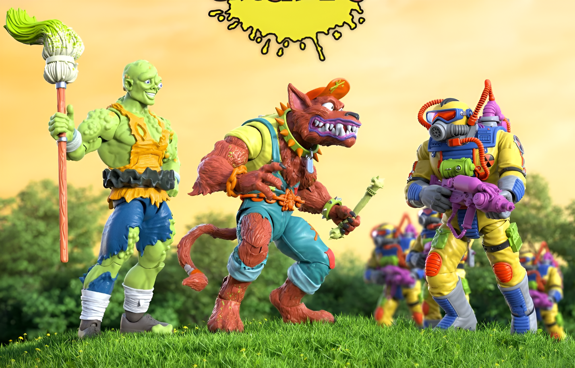 HD PC desktop wallpaper/background of Toxic Crusaders action figures — three colorful mutant heroes posed on grass beneath a stylized sun.