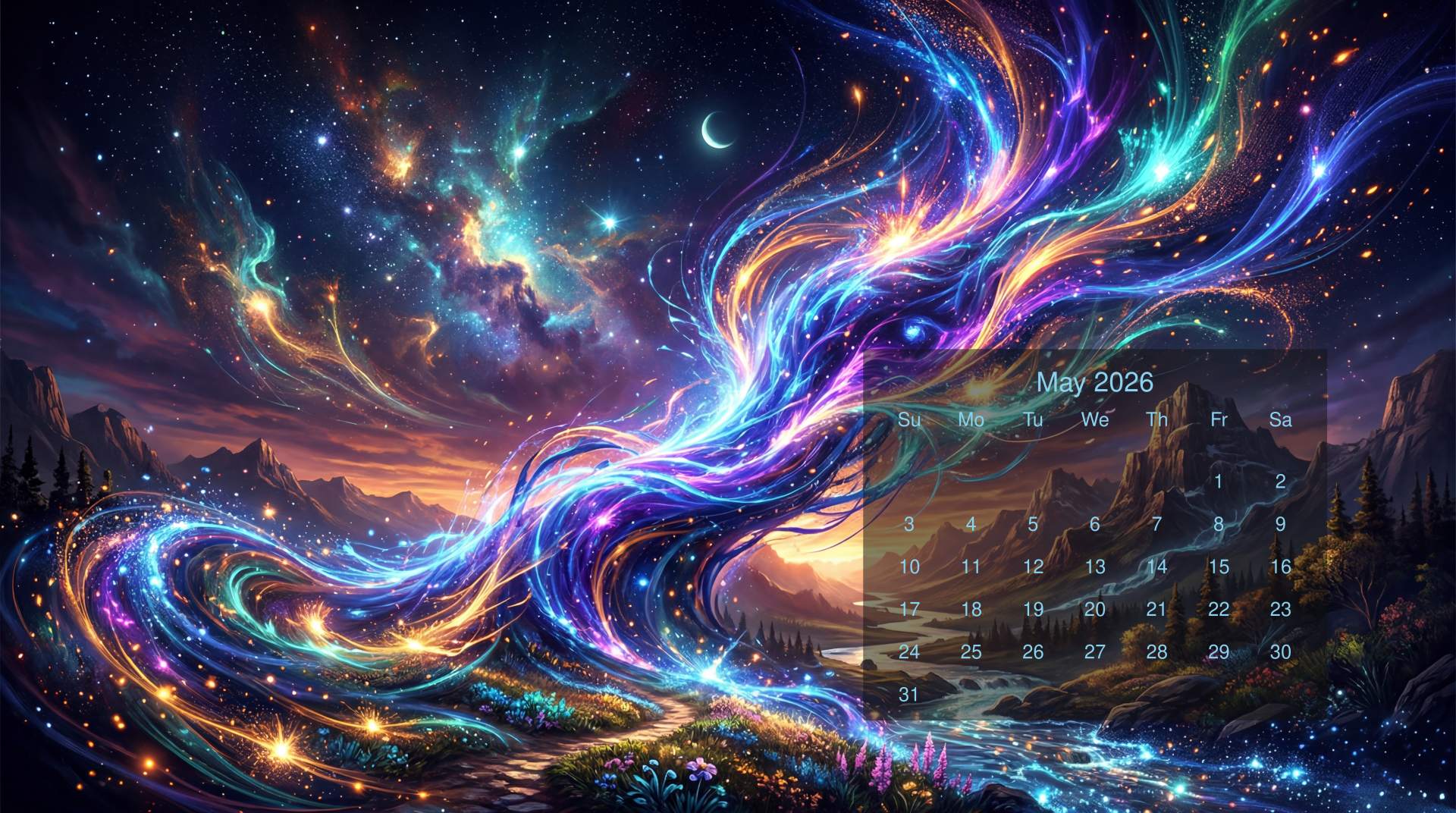 Vivid cosmic landscape of swirling neon nebula, starfield, crescent moon and mountains with glowing foreground; translucent May 2026 calendar — 5K Ultra HD PC desktop wallpaper and background.