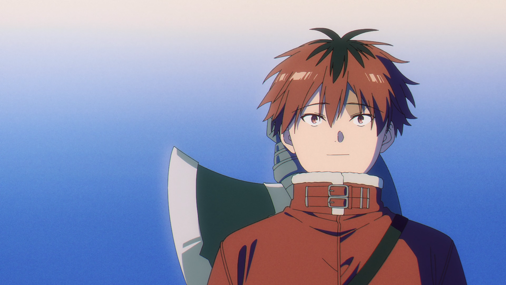Anime HD PC desktop wallpaper: Stark (Frieren: Beyond Journey's End) — red-brown haired young man in an orange cloak and green scarf gazes calmly against a soft gradient blue sky.