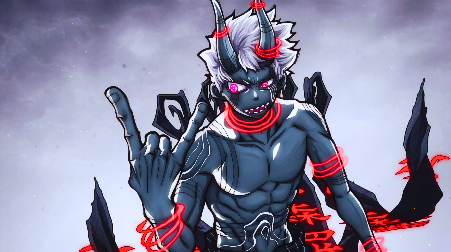 5K Fire Force anime wallpaper: Shinra Kusakabe reimagined as a horned demon rock & roll antihero, glowing red eyes, chains and a smoky, high-contrast background.