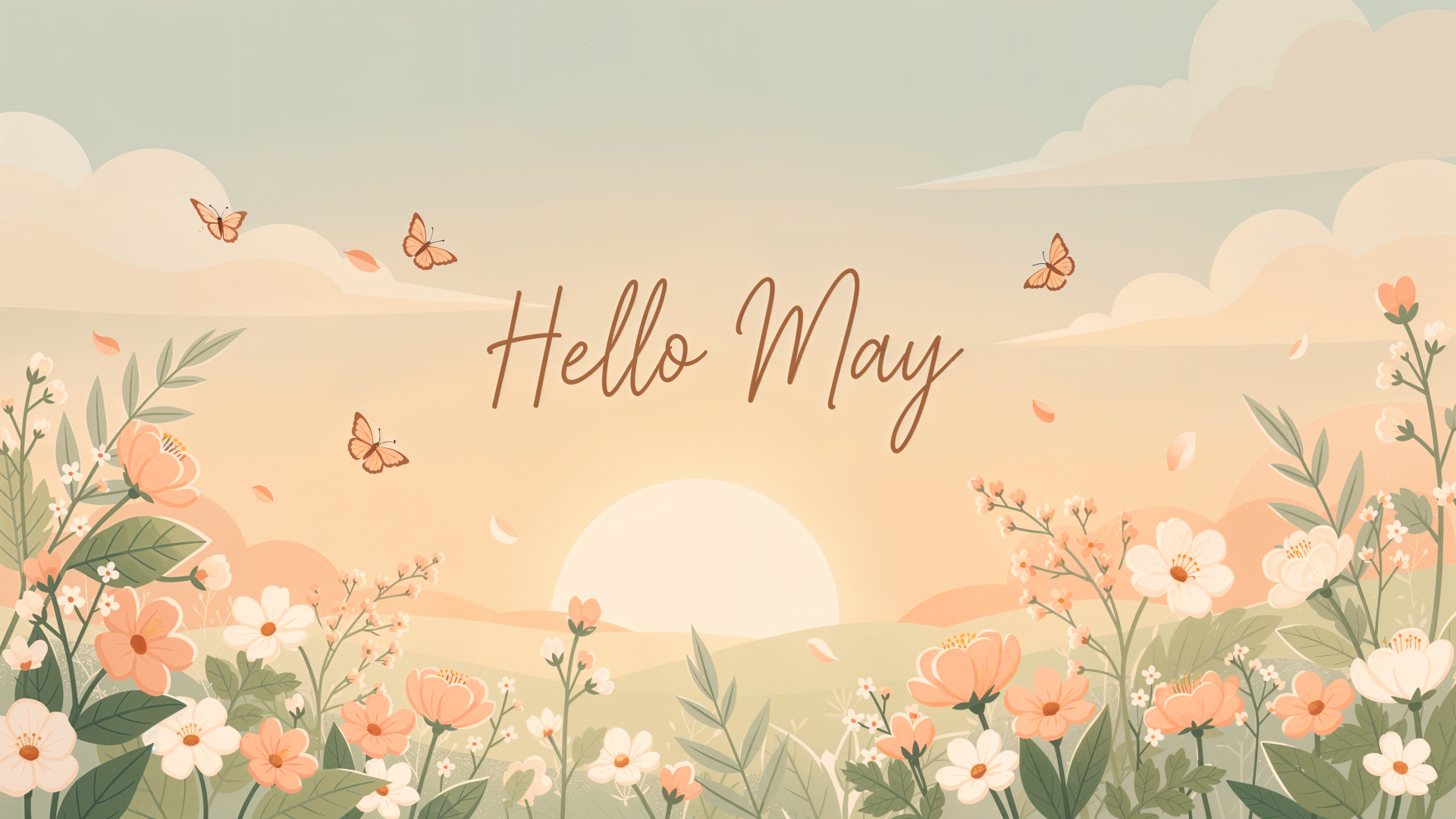 Pastel sunrise over a meadow of wildflowers and butterflies with Hello May script — 4K Ultra HD PC desktop wallpaper/background