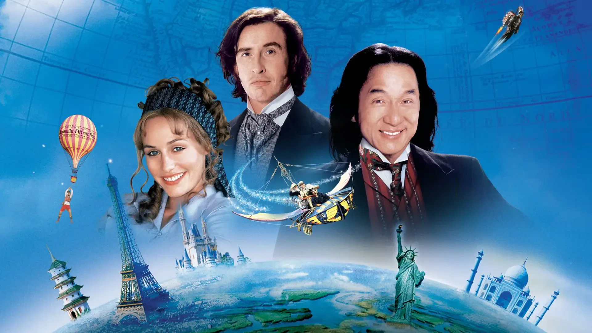 HD PC desktop wallpaper for Around the World in 80 Days (2004): three characters over a stylized globe with a hot-air balloon, Eiffel Tower, Statue of Liberty and other landmarks.