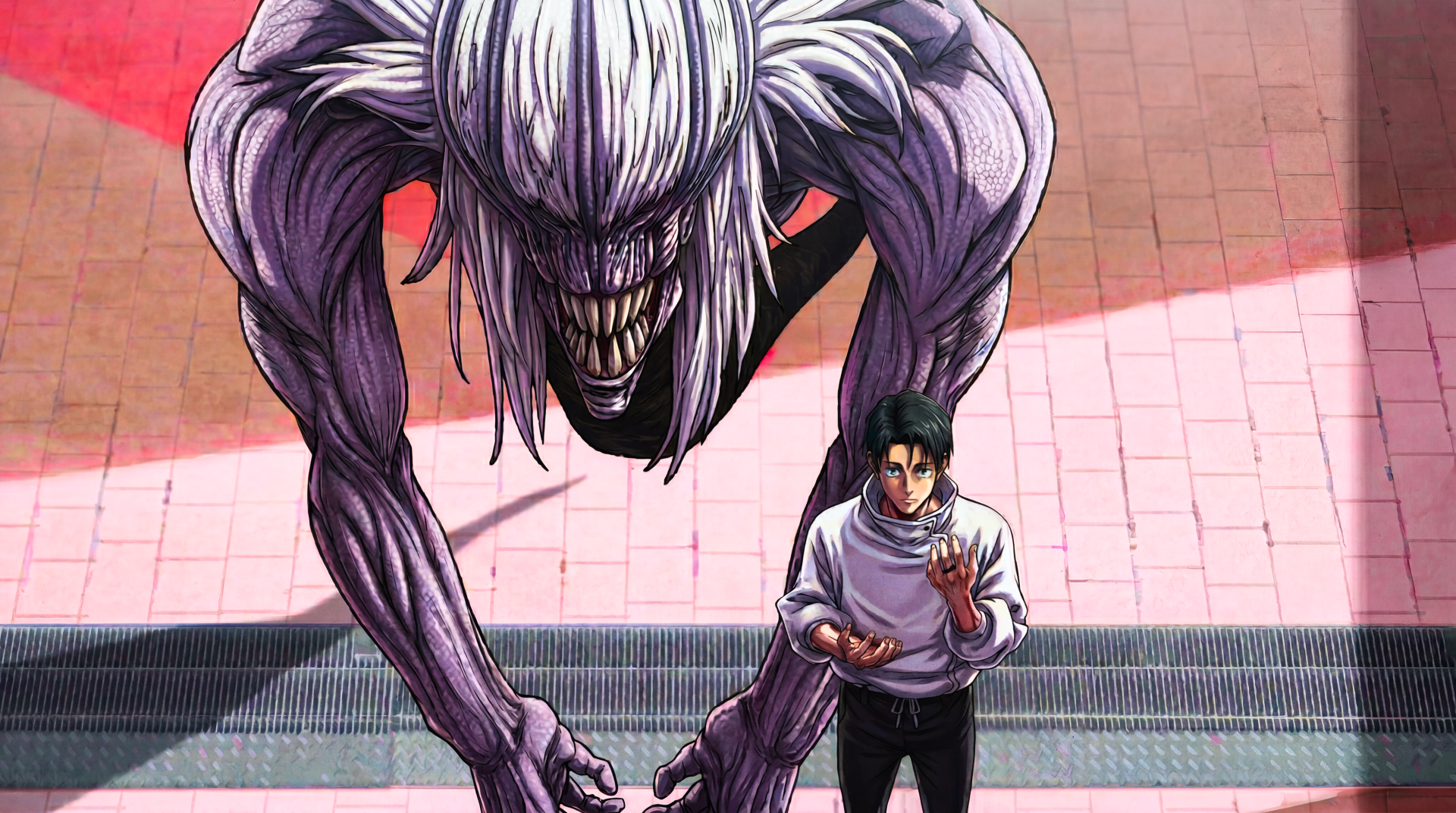 5K Ultra HD Jujutsu Kaisen 3rd Season wallpaper: Yuta Okkotsu stands tense as Rika’s towering cursed spirit looms behind him in a dark anime scene.