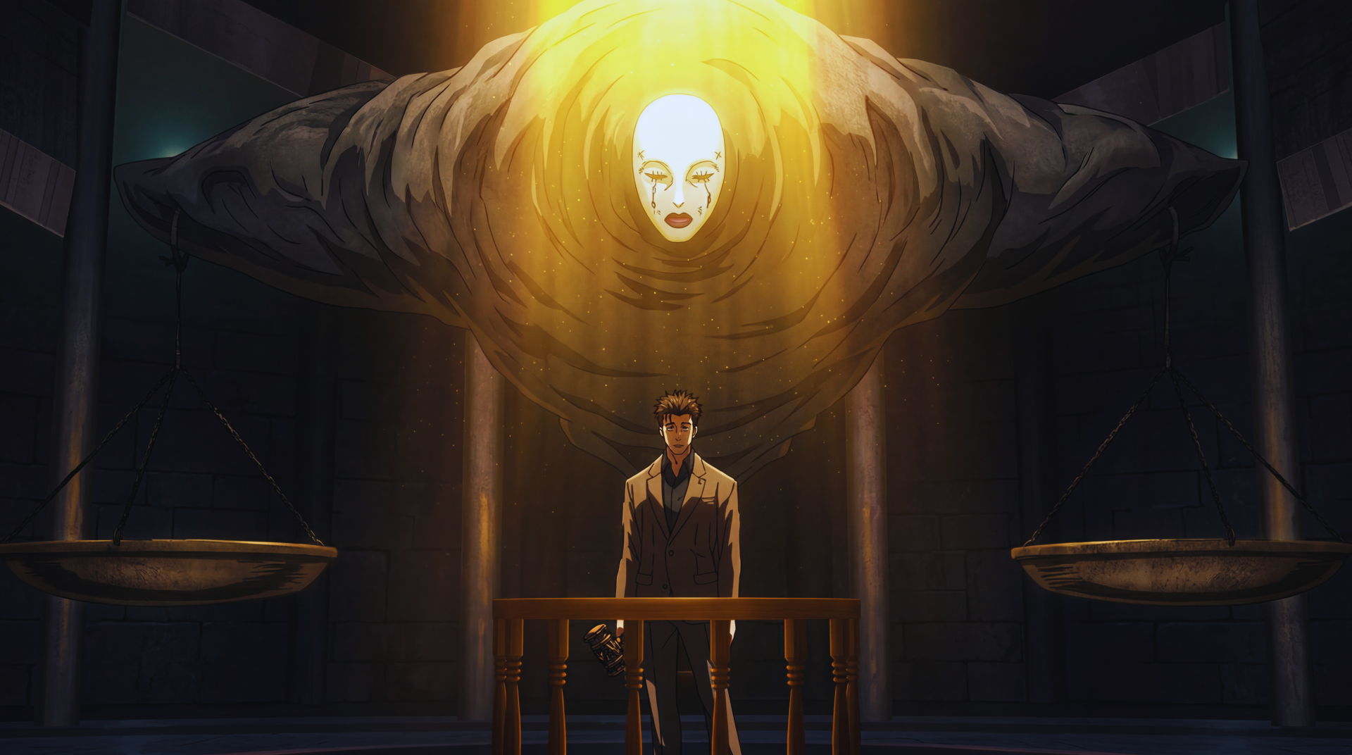 Hiromi Higuruma (Jujutsu Kaisen 3rd Season) stands at a wooden lectern as a glowing shinigami spirit looms above in a dark hall — 5K Ultra HD anime PC desktop wallpaper.