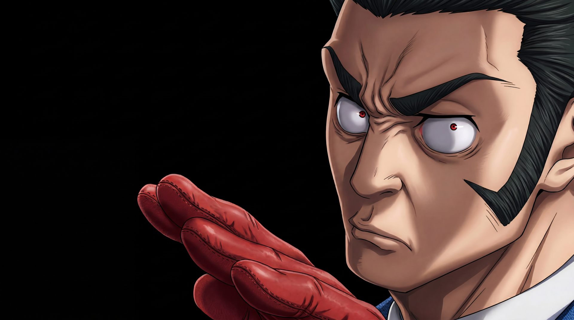 Close-up of a stern sorcerer from Jujutsu Kaisen 3rd Season, red-gloved hand raised against a black backdrop — 5K Ultra HD PC desktop wallpaper.