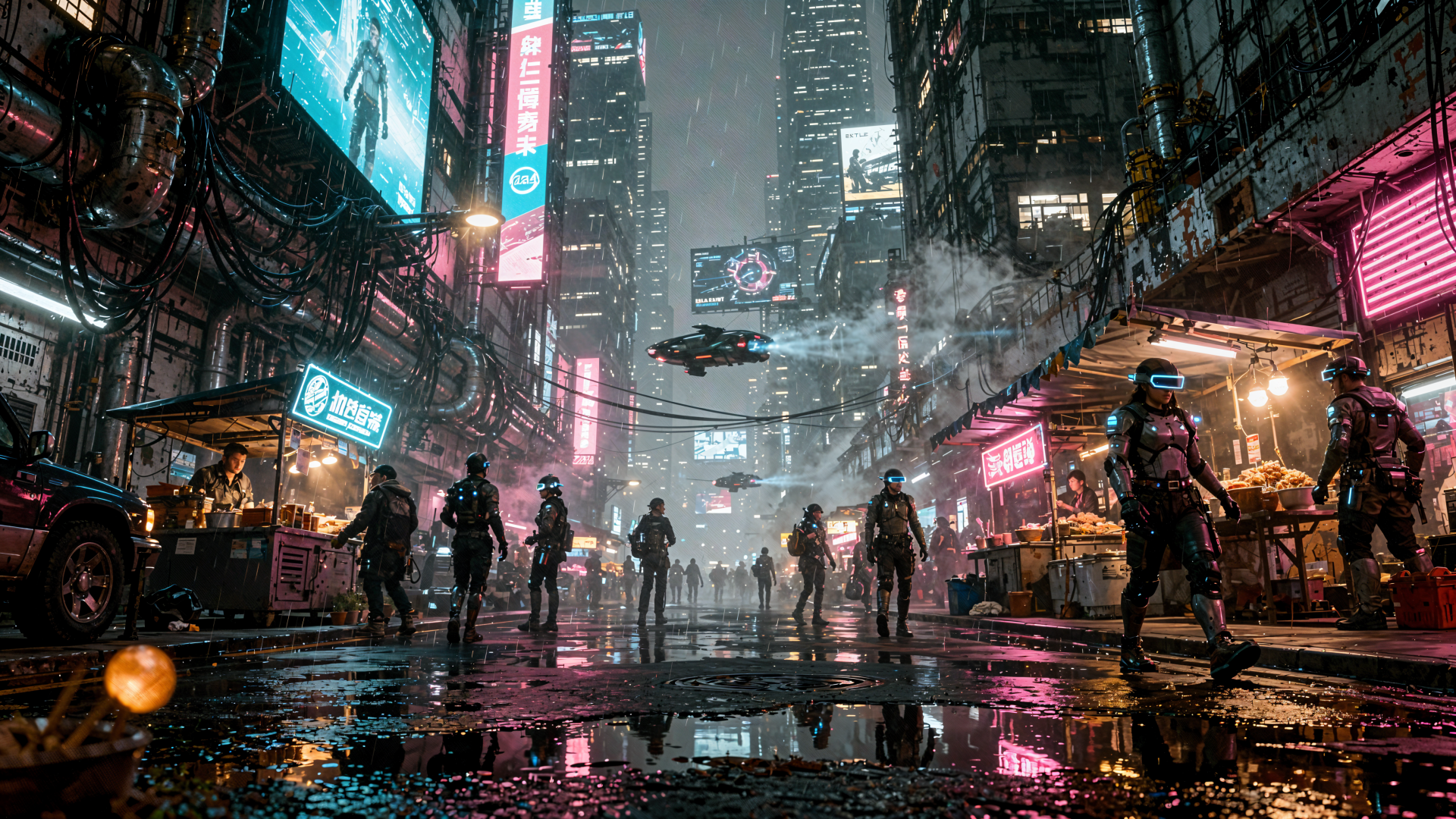 4K Ultra HD PC desktop wallpaper of a rainy cyberpunk city street at night with neon signs, market stalls, silhouetted figures and a hovering drone reflected in wet pavement.