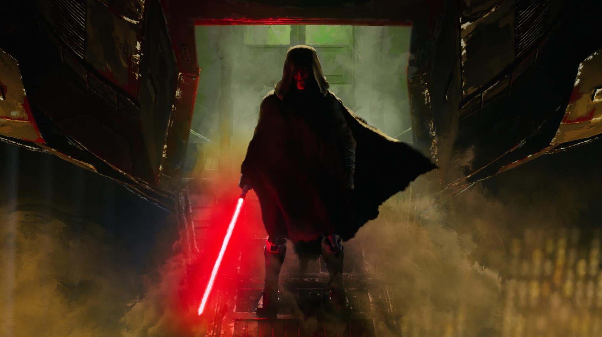 Darth Maul — Maul: Shadow Lord wallpaper: silhouetted Sith in cloak holding a red lightsaber, walking through a smoky industrial corridor. 2K Quad HD PC desktop background.