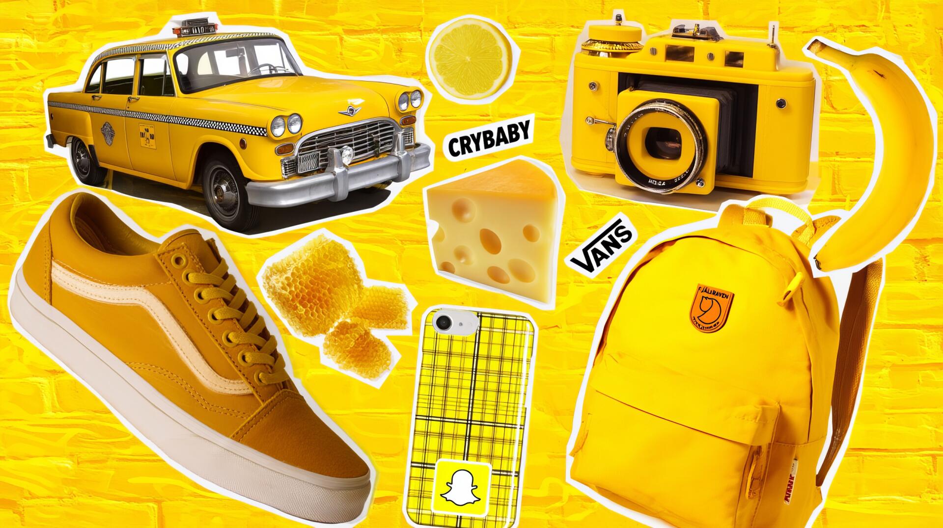 Yellow vintage aesthetic sticker collage — taxi, camera, Vans sneaker, backpack, cheese, phone case — HD PC desktop wallpaper/background.