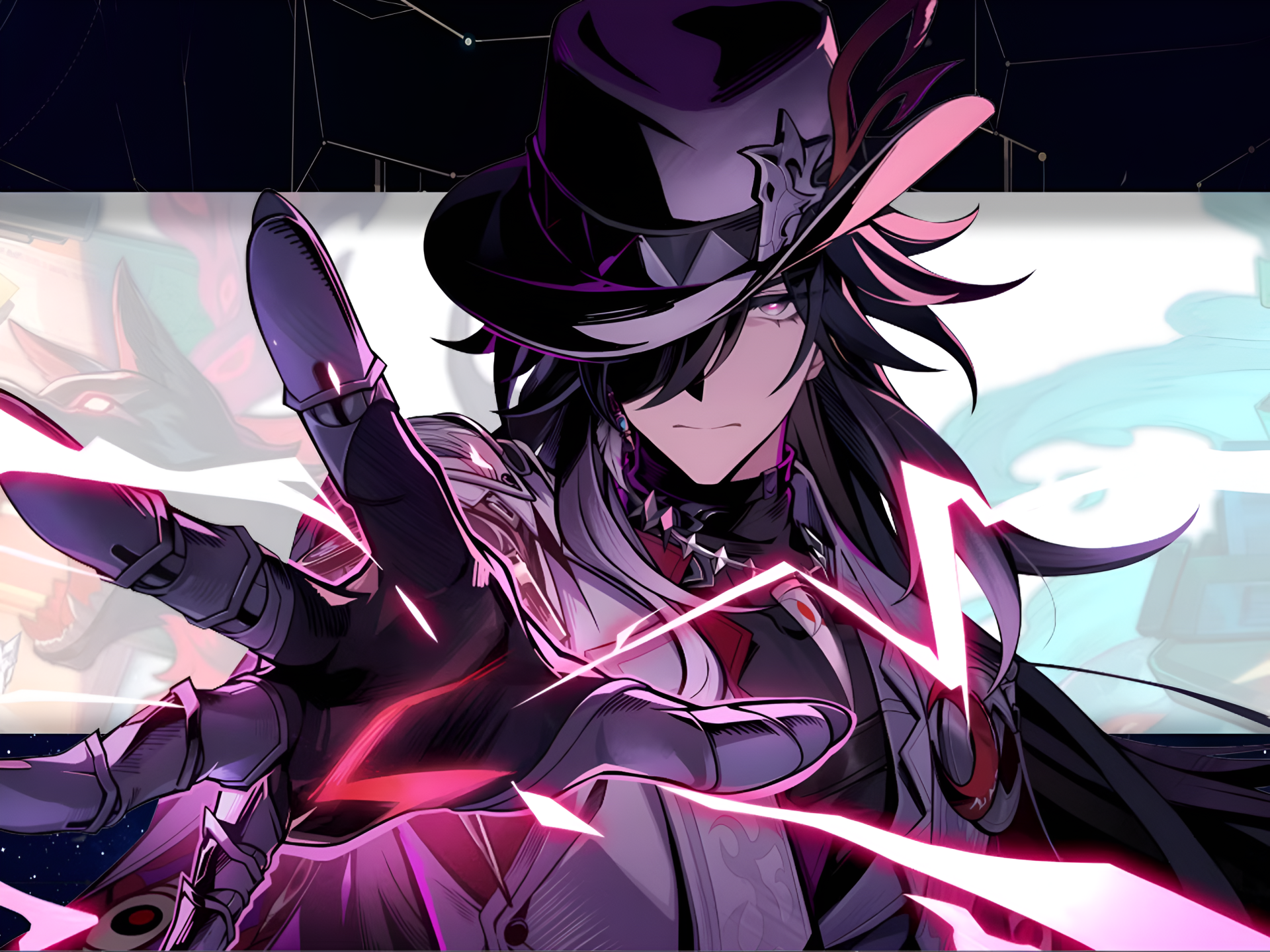 Honkai: Star Rail anime boy Ashveil in a hat and cloak reaches out as crackling pink energy arcs around him — 2K Quad HD PC desktop wallpaper/background.