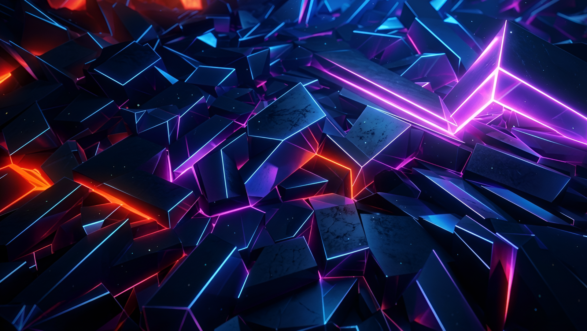 HD PC desktop wallpaper: abstract cool black shards lit by glowing neon lines in purple, blue and orange, forming an angular geometric pattern.