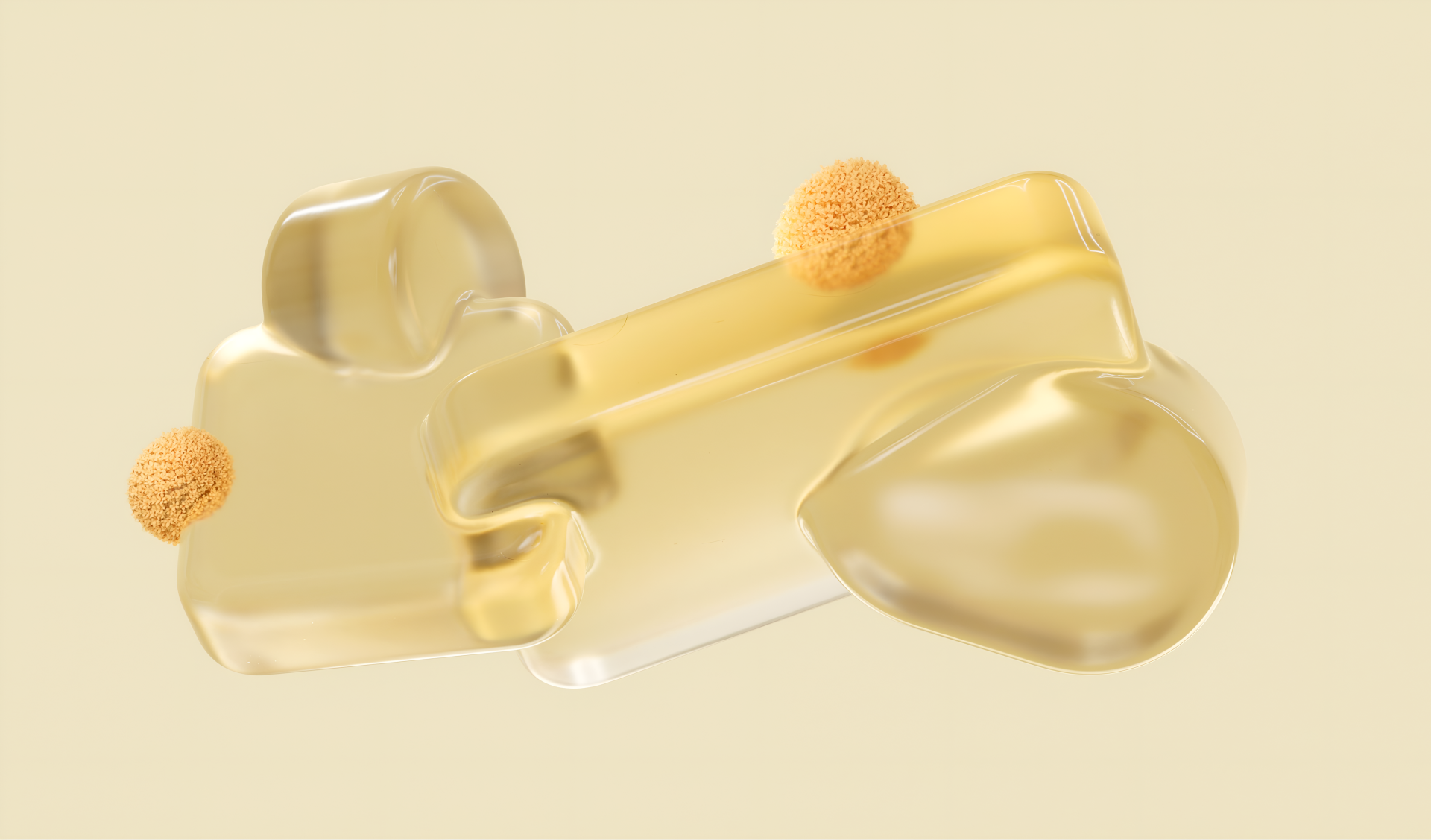 Microsoft abstract yellow pastel 4K Ultra HD PC desktop wallpaper: glossy translucent organic forms with small fuzzy orange spheres on a pale backdrop.