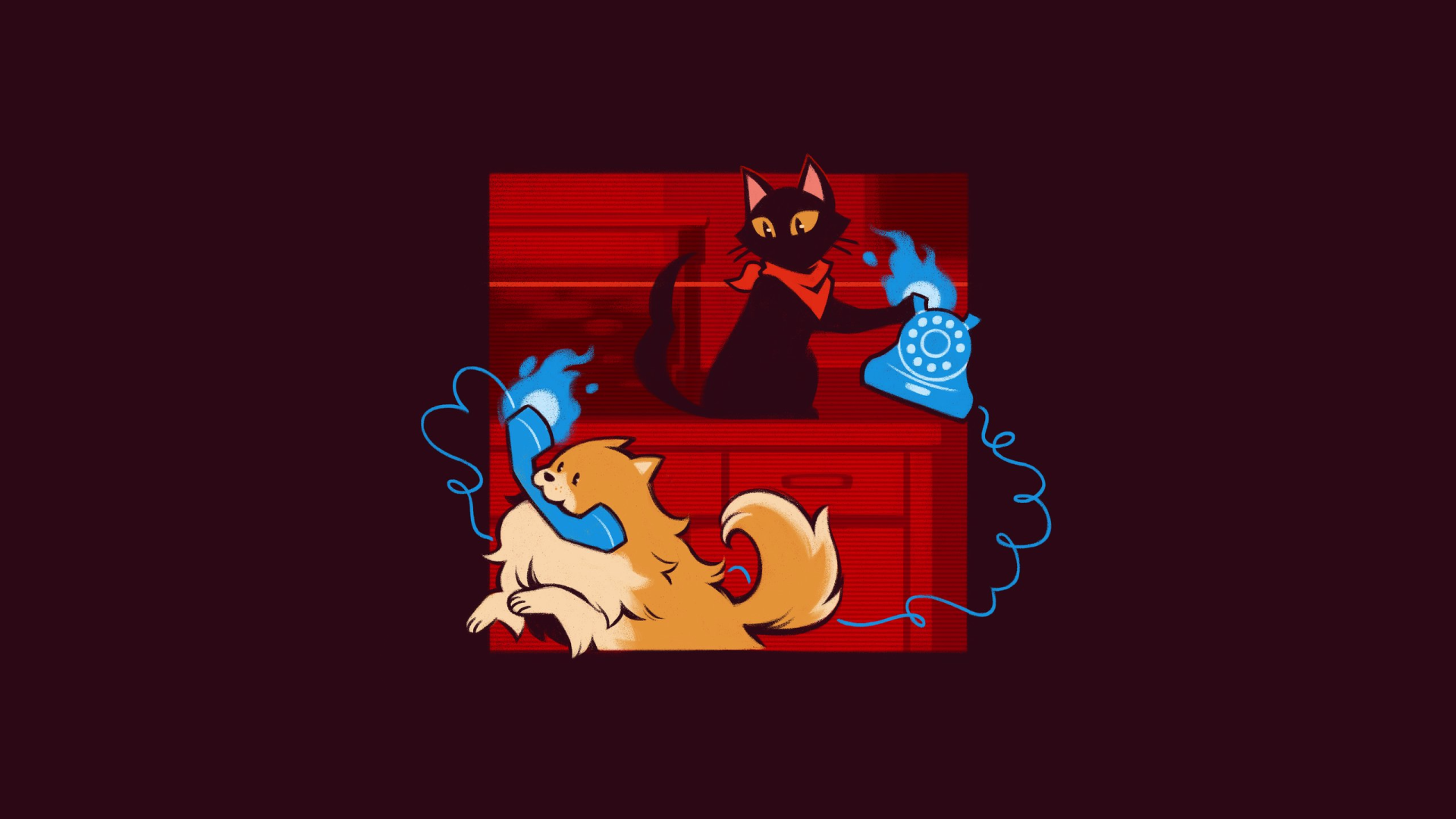 2K Quad HD PC wallpaper from the video game Ghost Trick: Phantom Detective showing a black cat and a curled dog with glowing blue phone cords on a deep red background.