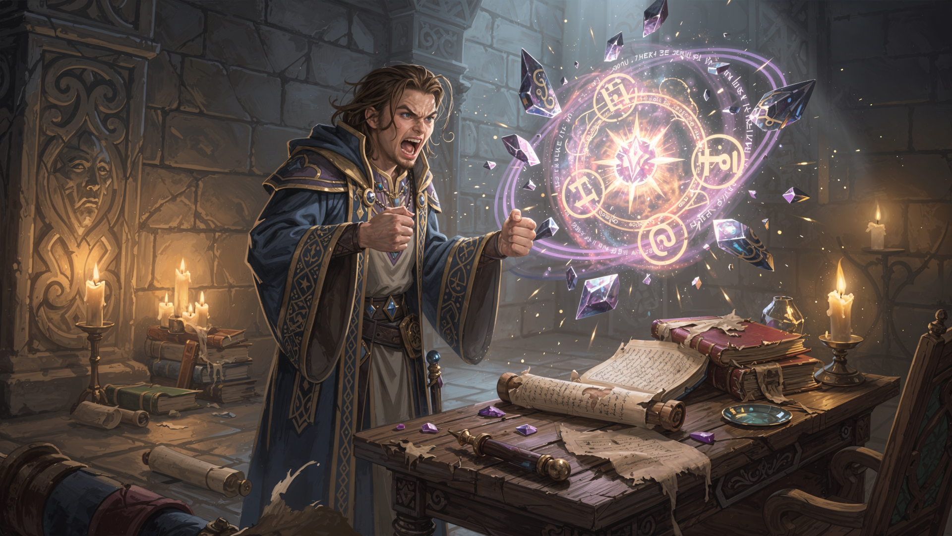 Frustrated wizard in a candlelit study battling a chaotic spell above an open grimoire — detailed 4K Ultra HD PC desktop wallpaper and background.