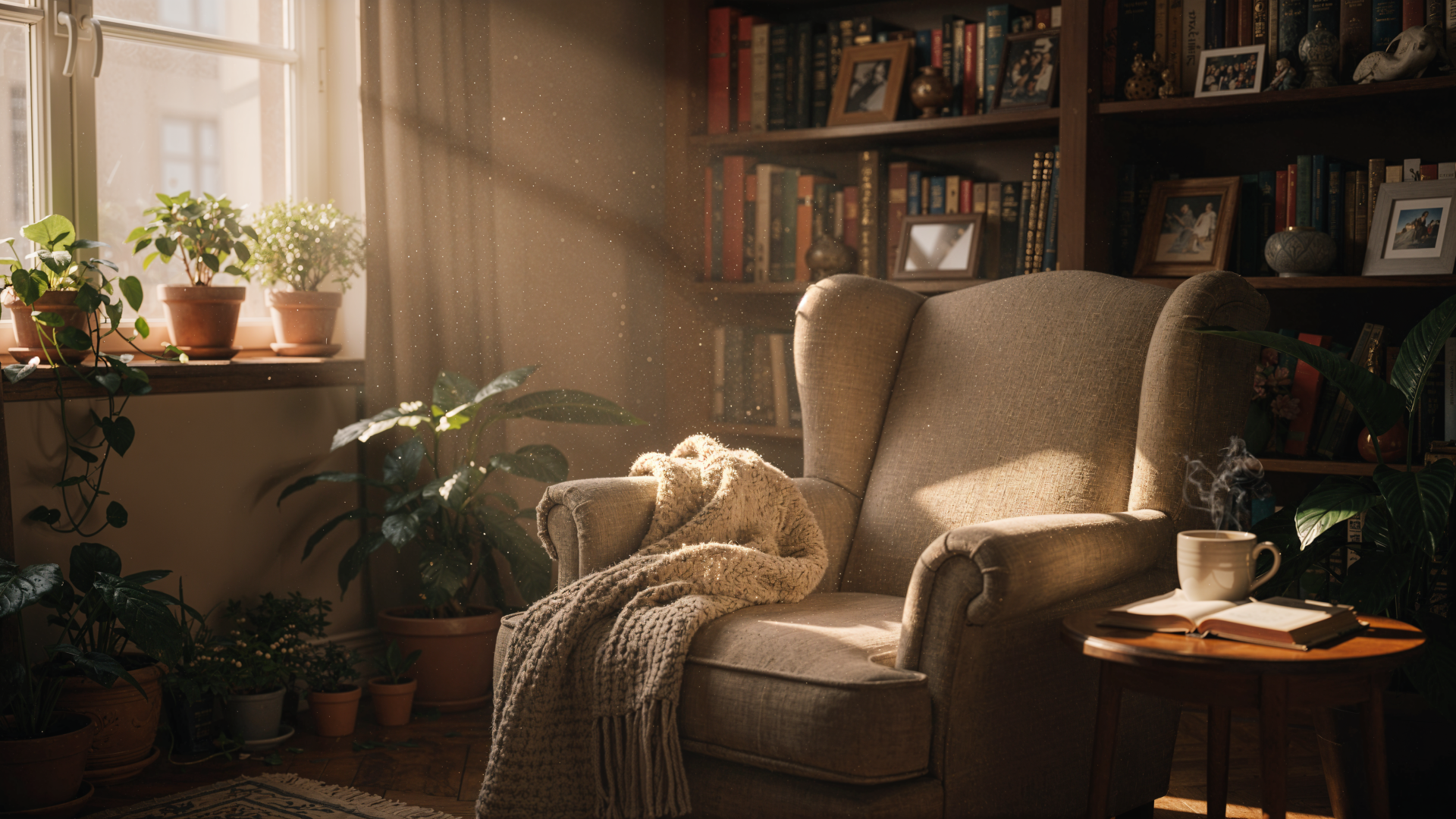 Cozy reading nook: wingback armchair draped with a blanket, sunlit plants and a bookshelf. 4K Ultra HD PC desktop wallpaper and background.