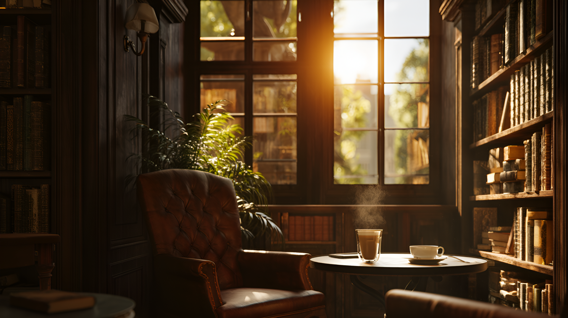 Cozy aesthetic brown reading room with a leather armchair, sunlit window and bookshelves — 2K Quad HD PC desktop wallpaper and background.