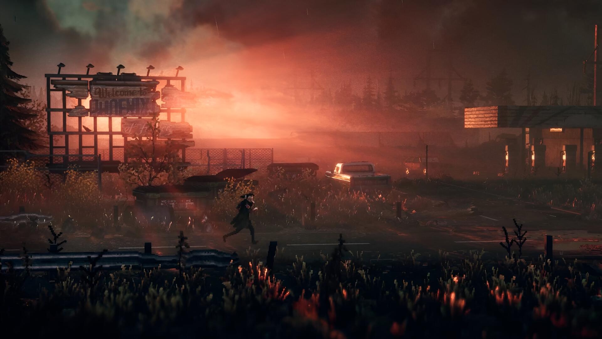 2K Quad HD PC desktop wallpaper Replaced — video game scene of a silhouetted survivor running through overgrown, ruined industrial landscape beneath a blazing dusk sky.